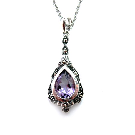 Sterling Marcasite & Amethyst Teardrop Necklace - 01P320AMF - Click Image to Close